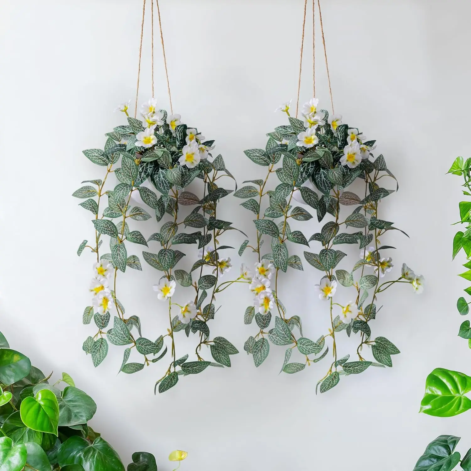 

2PCS Faux Hanging Plants with Pot, Artificial Vines & Flowers for Living Room Wall Decor (White)