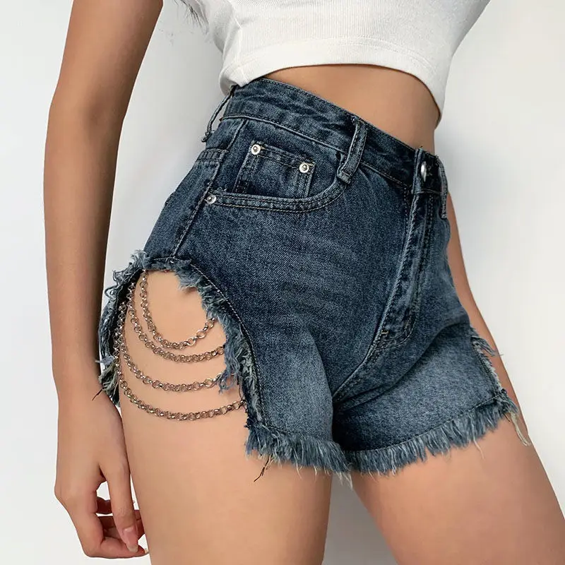 

2025 New Women's High Waist Sexy Chain Denim Jeans Shorts Nightclub White Blue