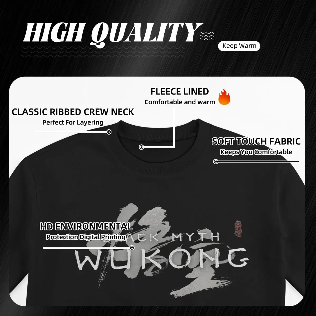 Casual Black Myth Wukong New Game Sweatshirt Unisex Fleece Lined Long Sleeve Shirts Warm Thick Legendary Sweatshirts Hoodie