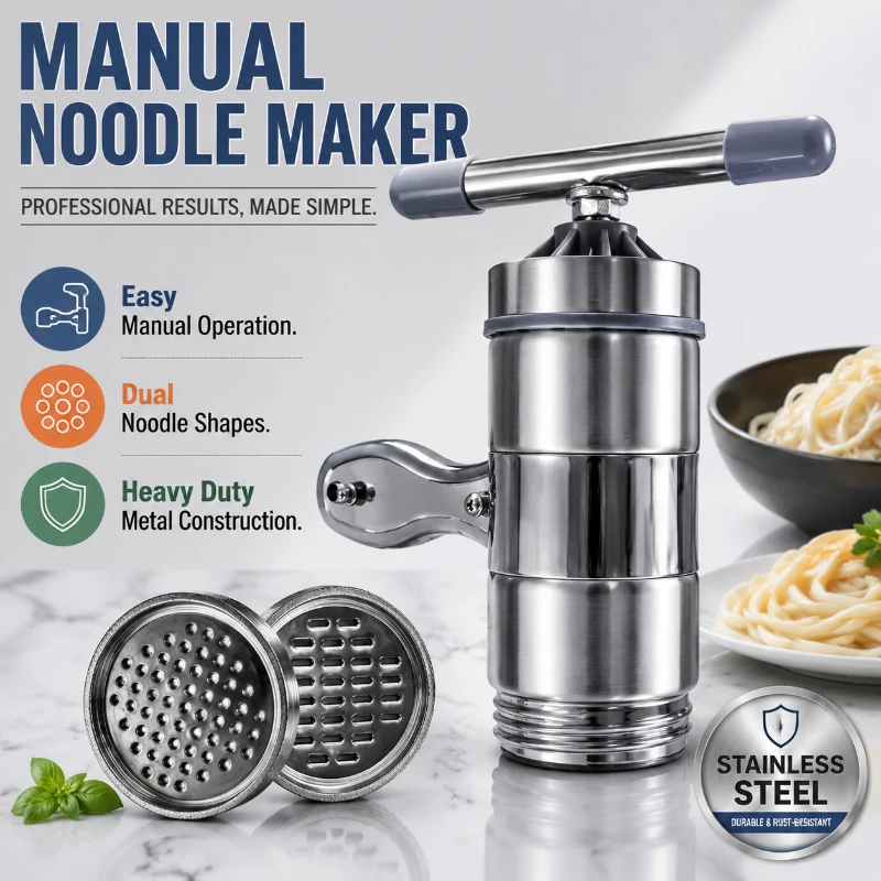 Stainless Steel Manual Noodle Pressing Machine Small Household Pasta Making Shake Machine with 2 Interchangeable Molds
