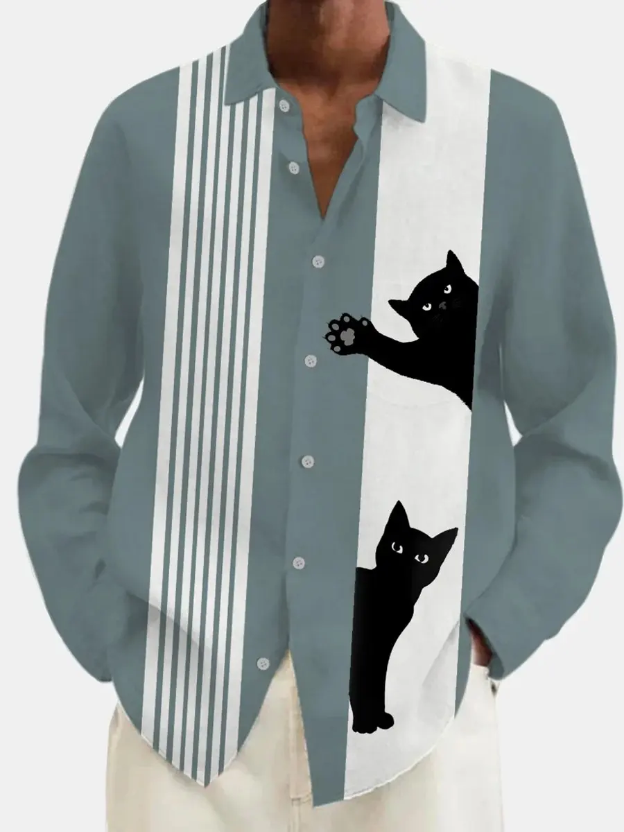 2024 Men\'s Kitten Stripe Print Long Sleeve Shirt Fashion Design Luxury Long Sleeve Tops Men\'s Four Seasons Button Lapel Shirt