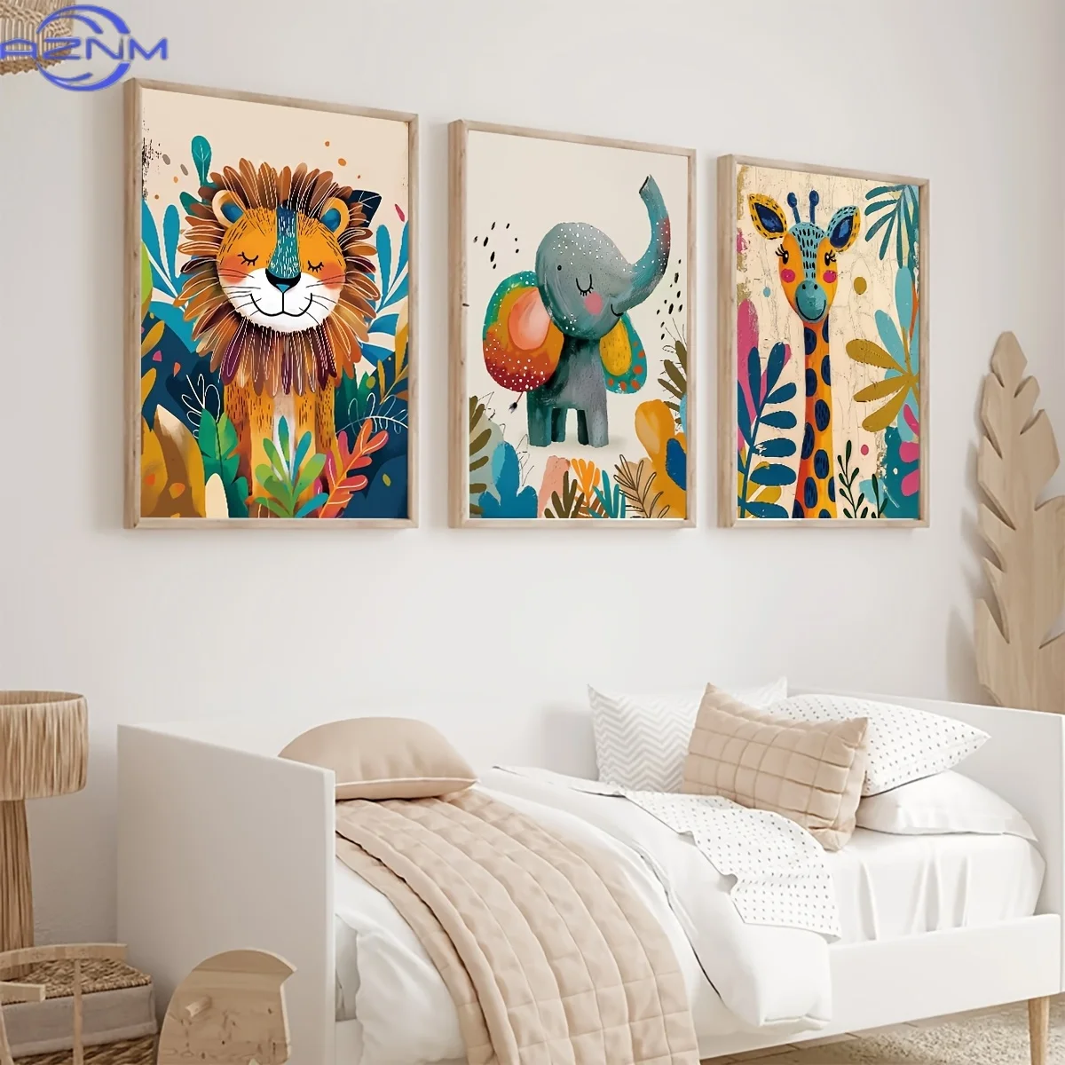3pcs Frameless Art Deco Animal Canvas Wall Art Set, Modern, Lion, Elephant, Giraffe Prints, Portrait Orientation, Indoor Jungle