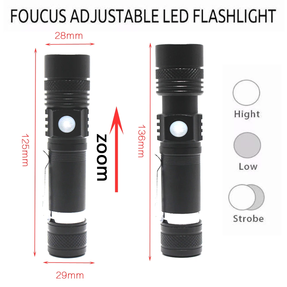 5000Lumens T6 Zoomable 3 Modes LED Torch USB Rechargeable Flashlight 18650 Flashlights For Camping +Battery + USB