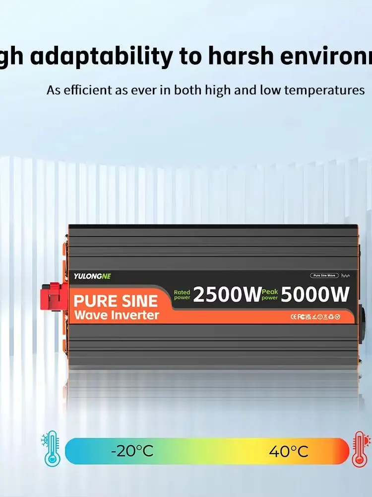YULONGNE DC 12V/24V na AC 230V 5000W Szczypkowy Inwerter Sinusoidalny o Mocy Szczytowej 2500W, Gniazdo EU, Przewodowy Panel Zdalnego Sterowania Cyfrowego, Pełny Zestaw Instalacyjny do Kampera, — 2