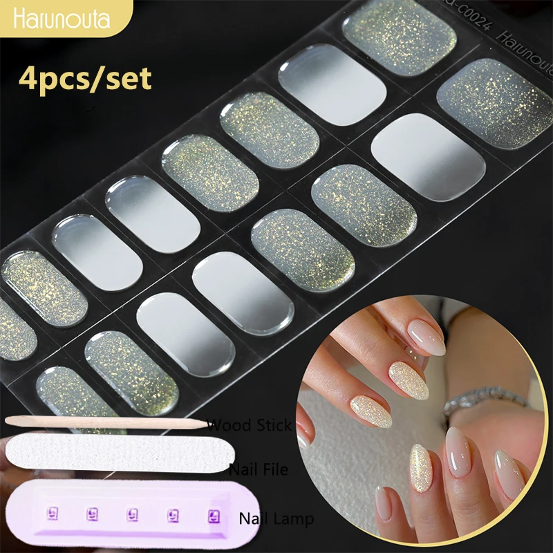 Harunouta 4 Teile/satz Semi Cured Gel Nagel Aufkleber mit Nagel Lampe Gradient Jelly Gel Polnisch Nagel Aufkleber UV Ausgehärtete Aufkleber Kits