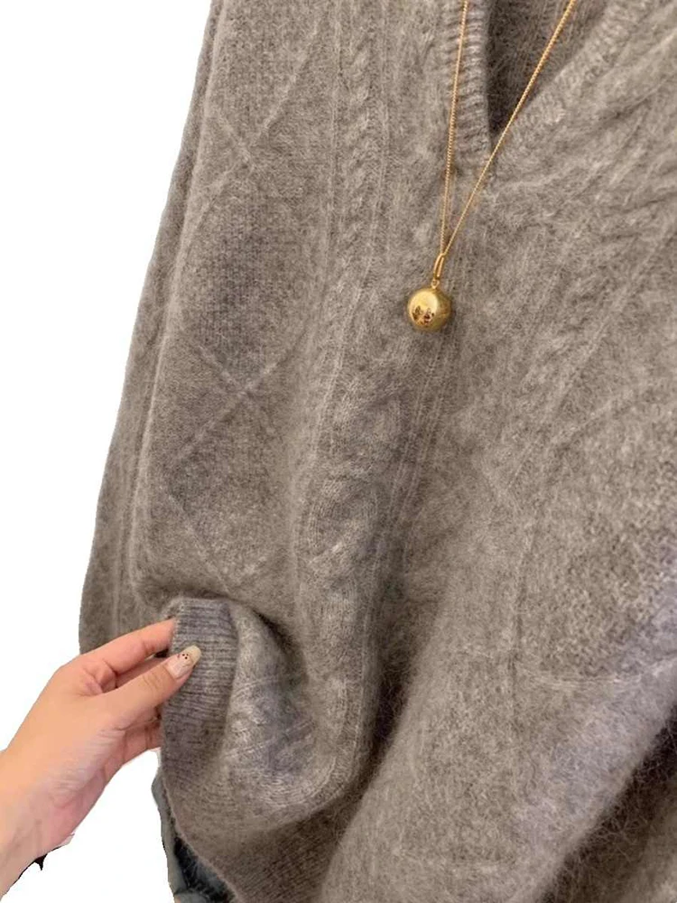 Maglione grigio con scollo a V per donna Autunno Inverno a maniche lunghe addensato caldo capispalla lavorato a maglia coreano pullover allentato per pendolari