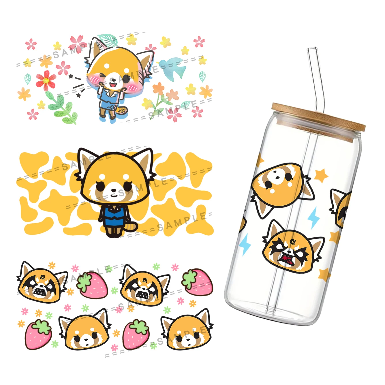 Sanrio Aggretsuko UV DTF Cup Wrap Transfer Sticker for 16 Oz Glass Coffee Cups UV DTF Transfer UV Transfer Crystal Sticker