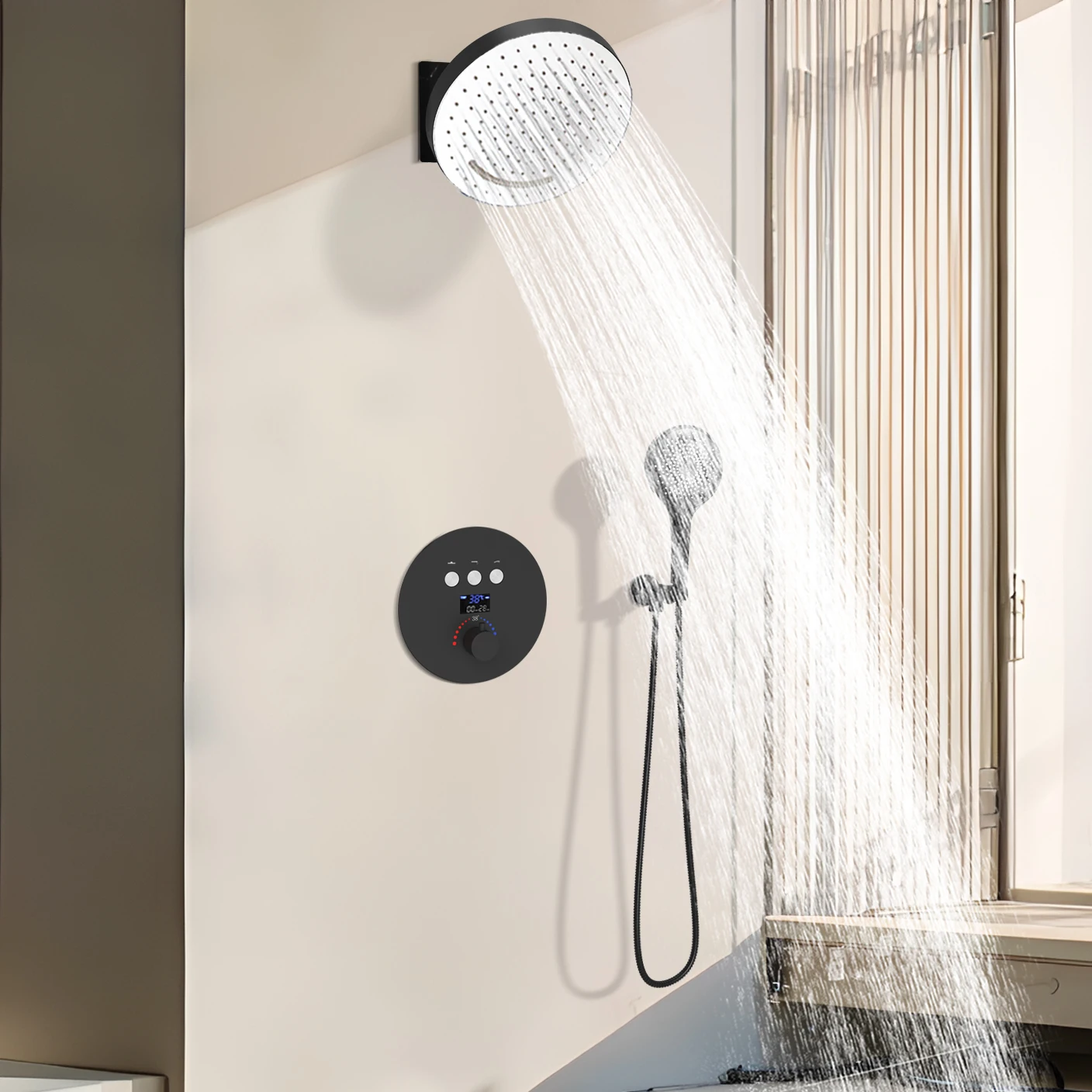 Mattic black circular wall -mounted shower sleeve hand handheld sprayer Bronze shower system constant temperature number showed