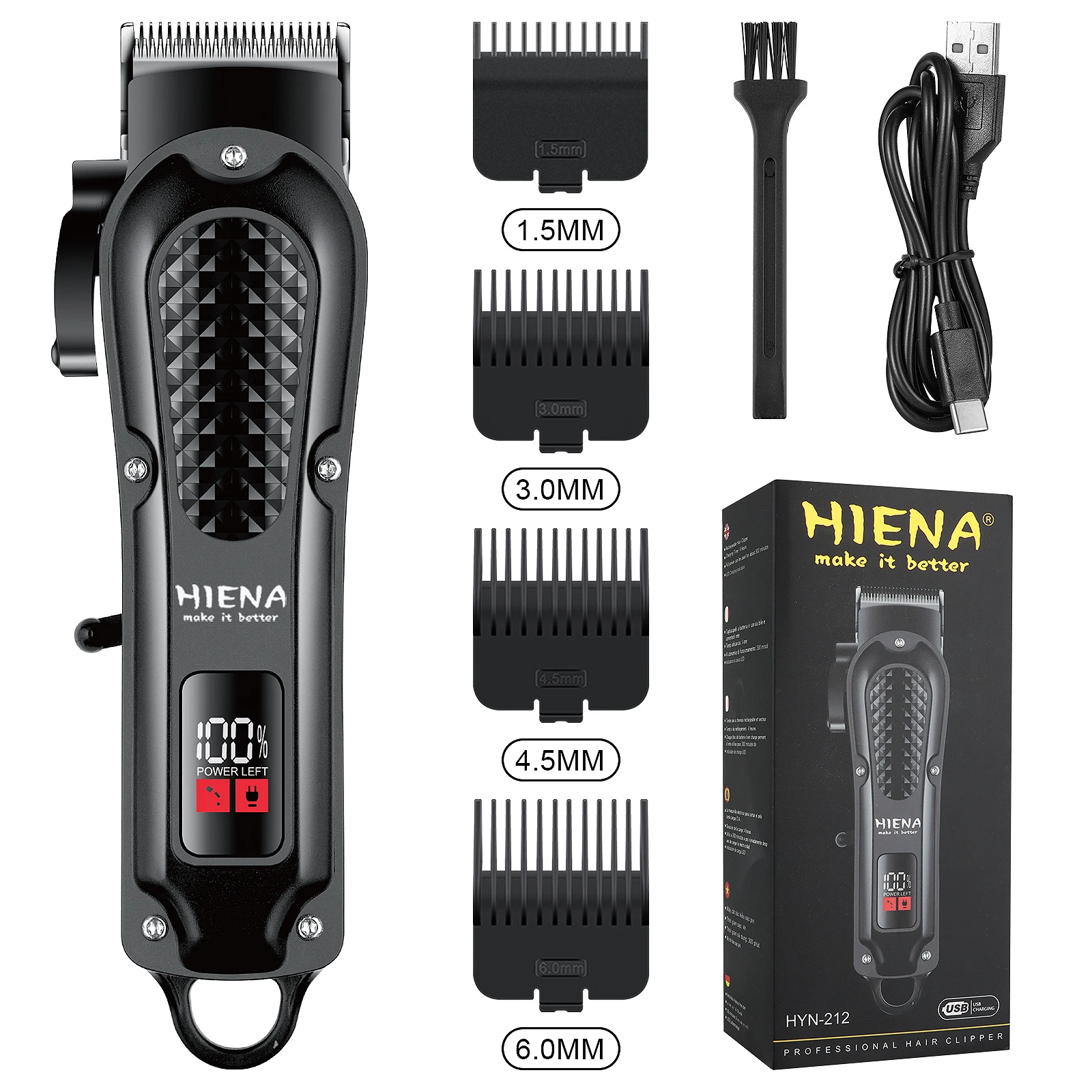 HIENA Electric Hair Clipper Barber Finish Cutting Machine usb Rechargeable Cordless Beard Trimmer Wet and Dry haircut HYN-212