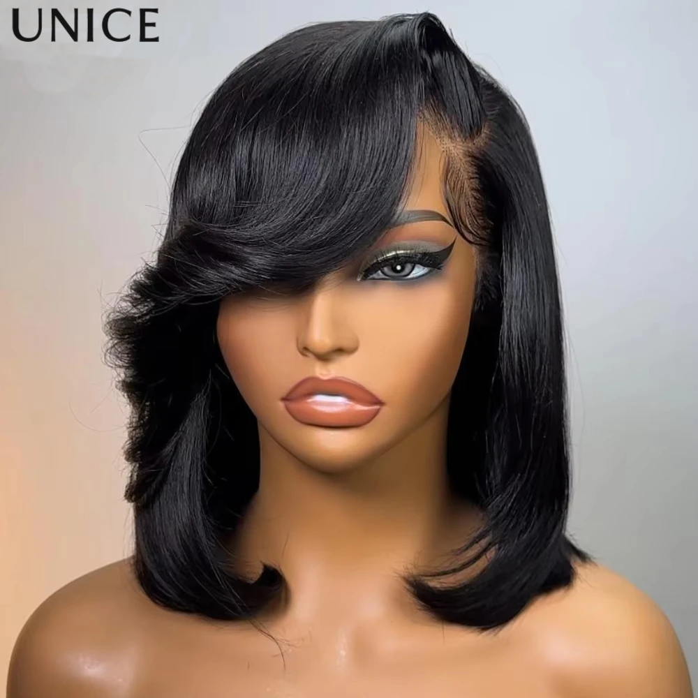 

UNice Side Part 4x4 Lace Closure Straight Bob Wig With Side Swept Bangs Pre Cut Pre Bleached Glueless Wig 12 Inch Human Hair Bob Wig Put On & Go