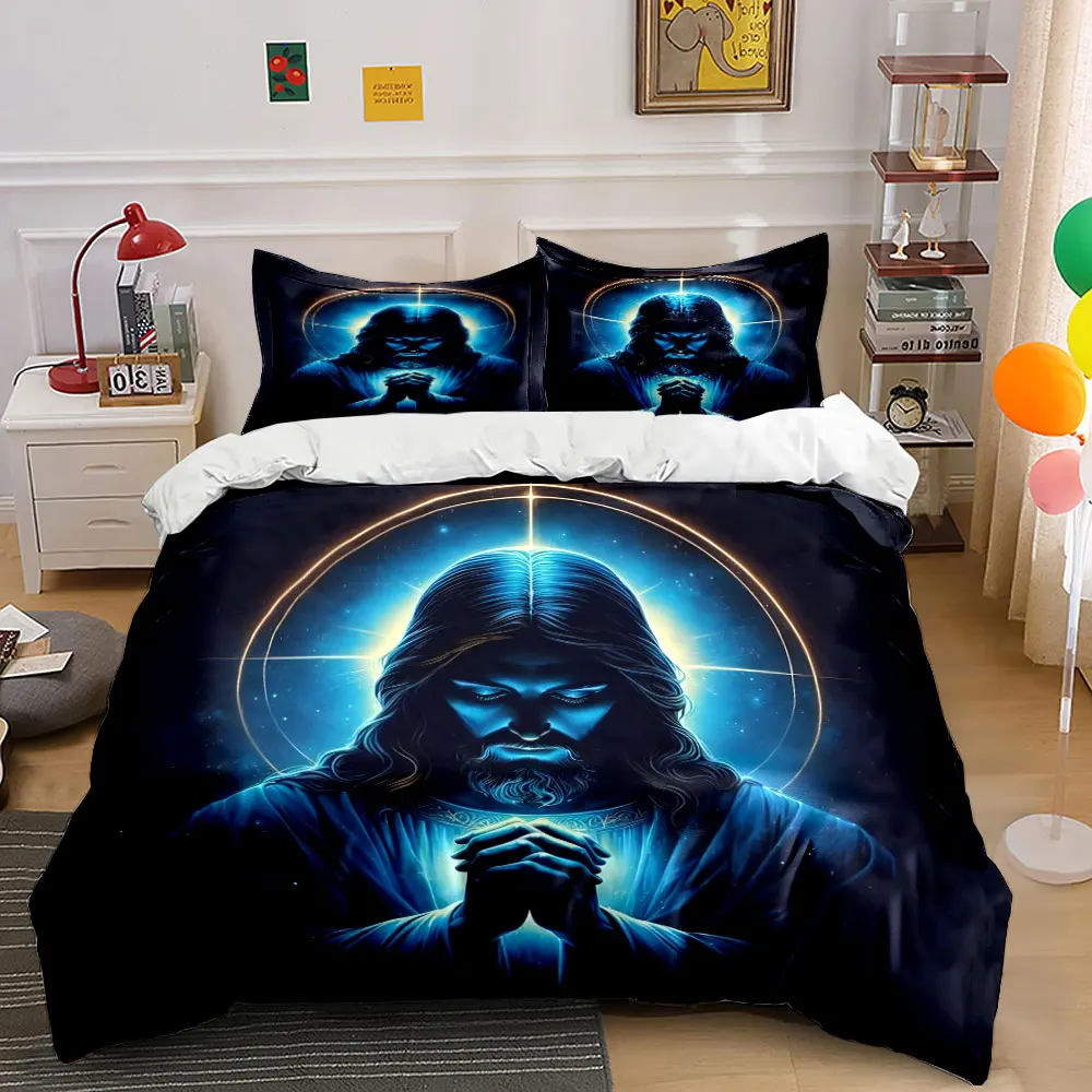 Cyber-Blue-Light Jesus Prayer Print Bedding Set 1 Duvet Cover 2 Pillowcases for Adult and Children Luxury Gift Full Size