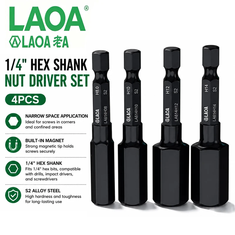 LAOA 65mm Single End Hex Screwdriver Bits H8-H14, S2 Alloy Steel Hexagon Drive Bits, Impact Driver Bit for Electric Screwdriver