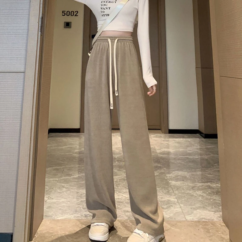 Losse Corduroy Wijde Pijpen Broek Vrouwen Herfst Winter Effen Kleur Hoge Taille Broek Vrouw Casual Trekkoord Gebreide Broek Vrouwelijke