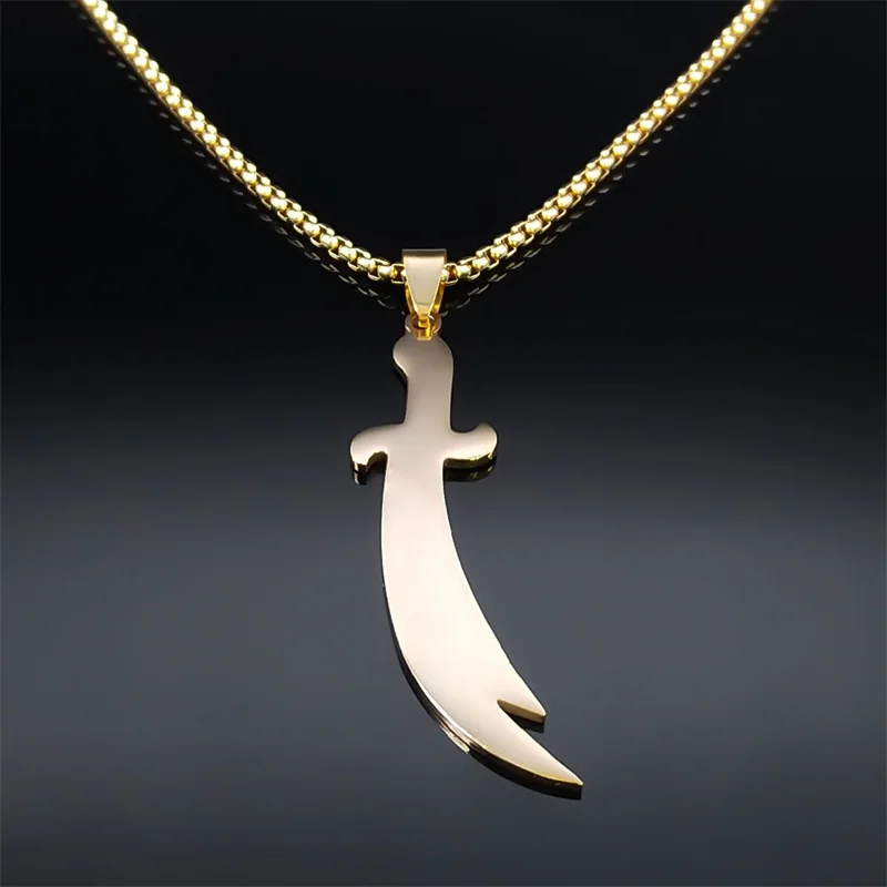 Arabic Ali Sword Knife Chain Necklaces for Men Stainless Steel Gold Color Muslim Islamic Necklace Jewelry collar acero N558S02