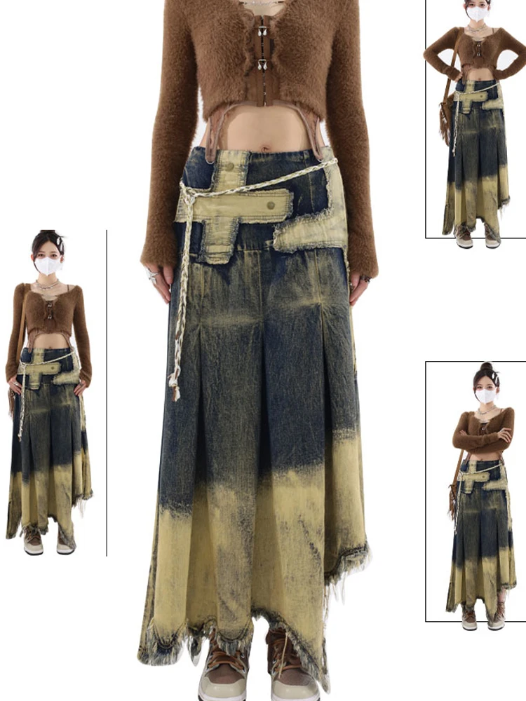 

Women Denim Skirt Y2k Emo 2000s Clothes Long Skirt Harajuku Korean 90s Fashion Vintage Gradient A-line Jean Skirt Grunge Clothes