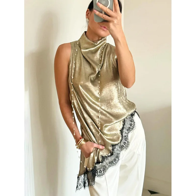 

Chic Lace Patchwork Sleeveless Top Women Sexy Half-high Collar Irregular Hem Loose Blouse 2026 Lady Daily Vacation Street Tops