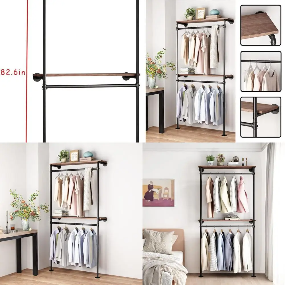 

2-уровневая настенная черная вешалка для одежды с двойными подвесными стержнями для прочного хранения и демонстрации одежды