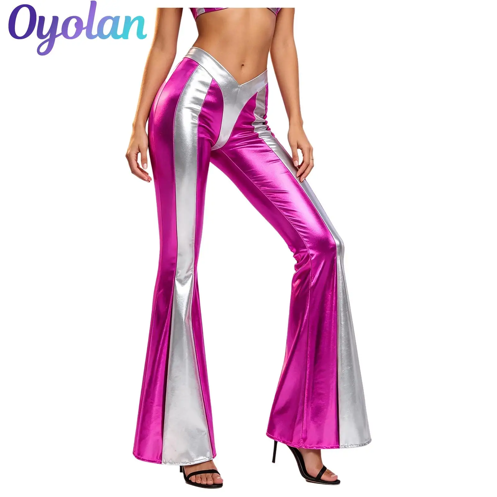 Women Ladies Shiny Metallic Bell‑Bottom Pants V‑Waist Splicing Retro 70s Disco Flare Trousers Halloween Theme Party Stage Outfit