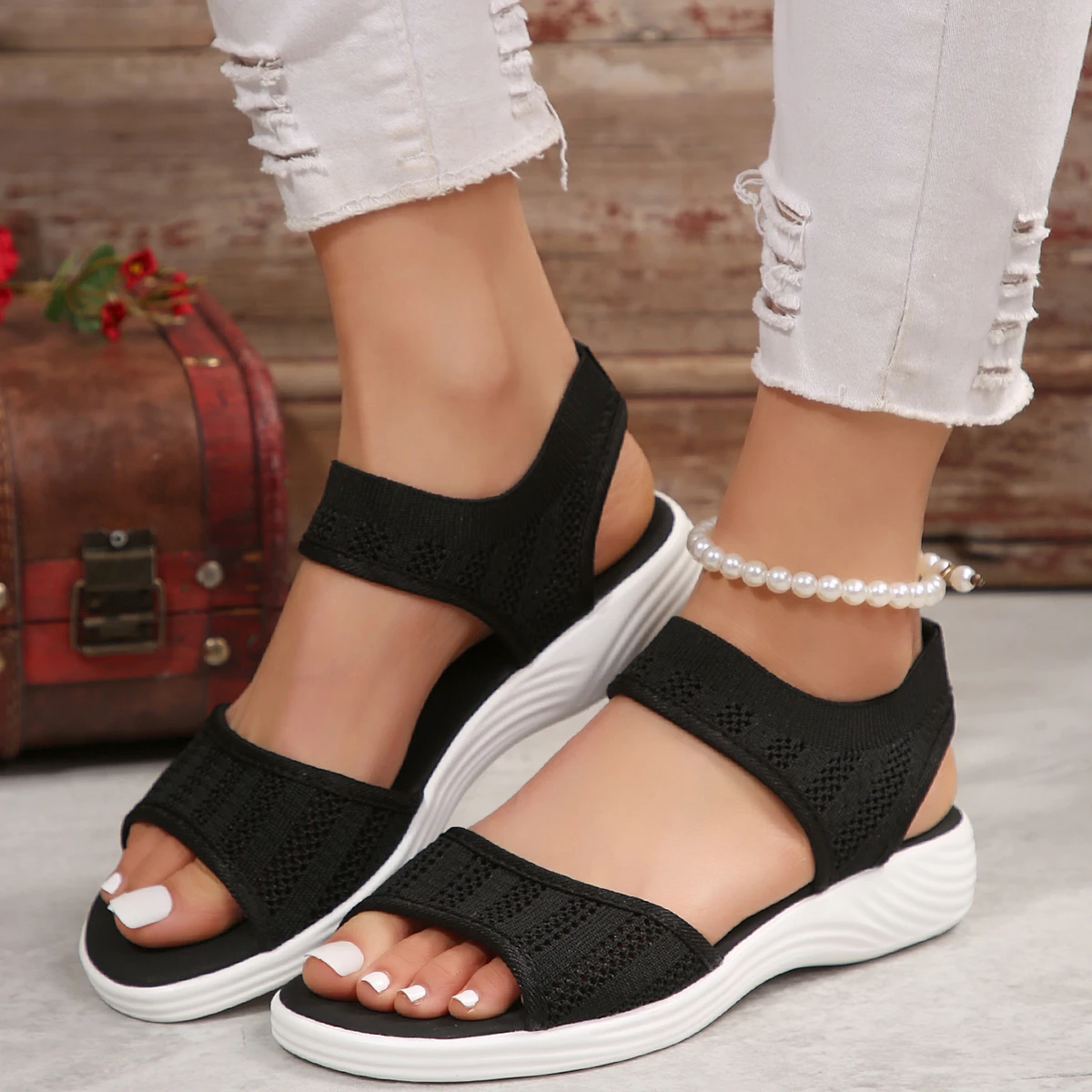 Damen sandalen Sommer Damenmode Sandalen Mesh Casual Fischmaul Sports andalen fliegen gewebte flache Schuhe Größe 43