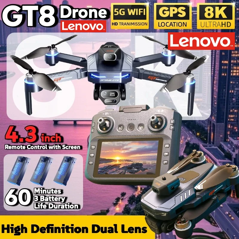 Drone Lenovo GT8 8K Professionnel avec Double Caméra GPS FPV, Moteur Brushless, Vol Stationnaire par Flux Optique, Quadricoptère Pliable 4K RC Jouet