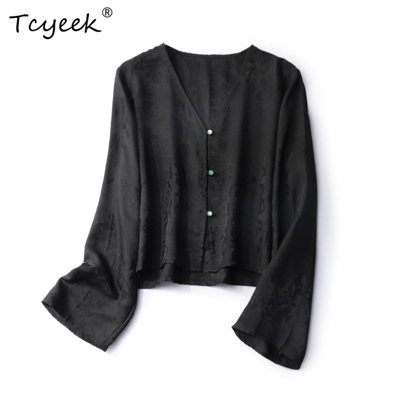 

Tcyeek 100% Real Mulberry Silk Spring Summer V-neck Breathable Sunscreen Long Sleeved Solid Color Women's Shirts Женская Одежда