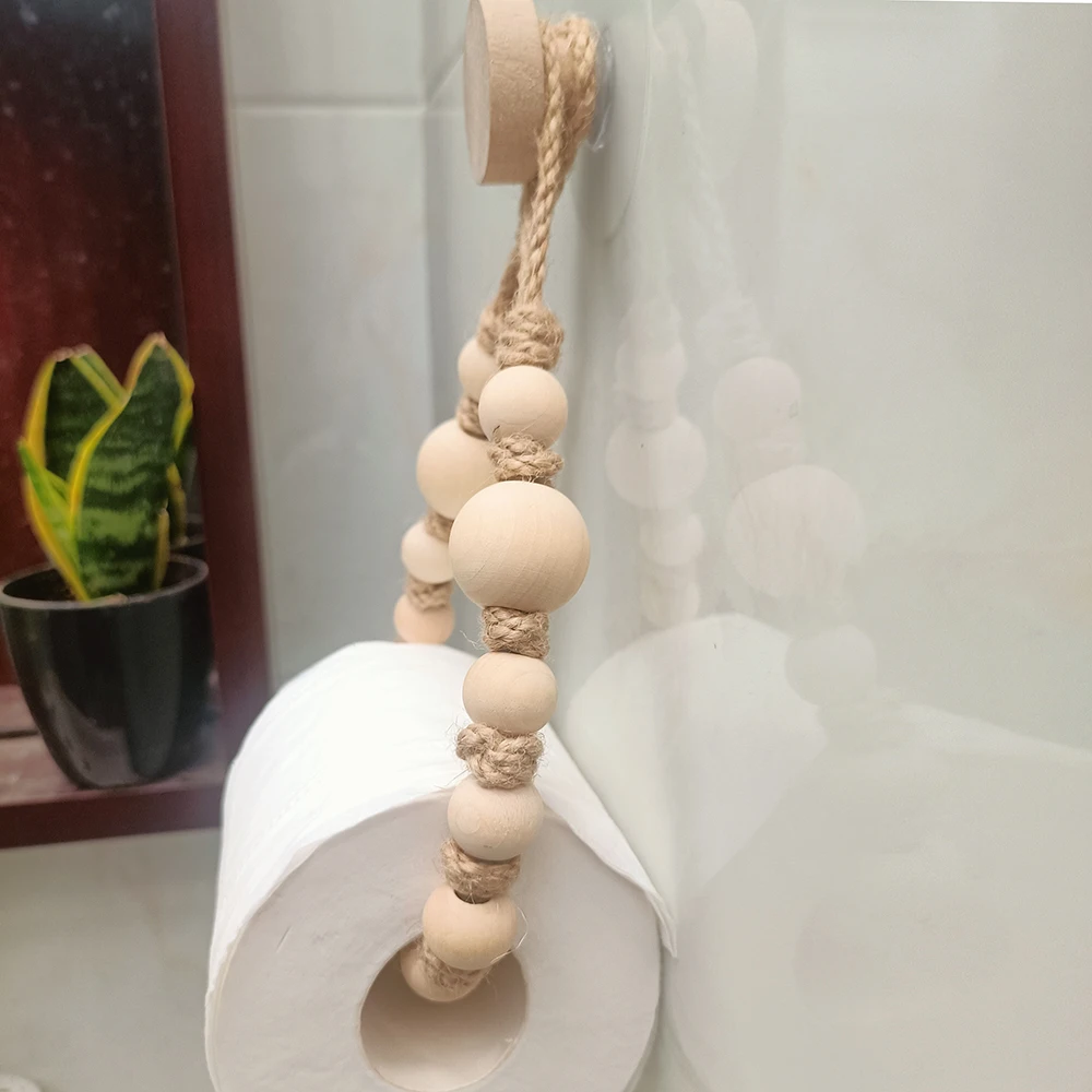 No-Drill Toilet Paper Holder with Rustic-Style Hemp Rope and Wooden Ball, Adhesive Installation, Bathroom Accessory