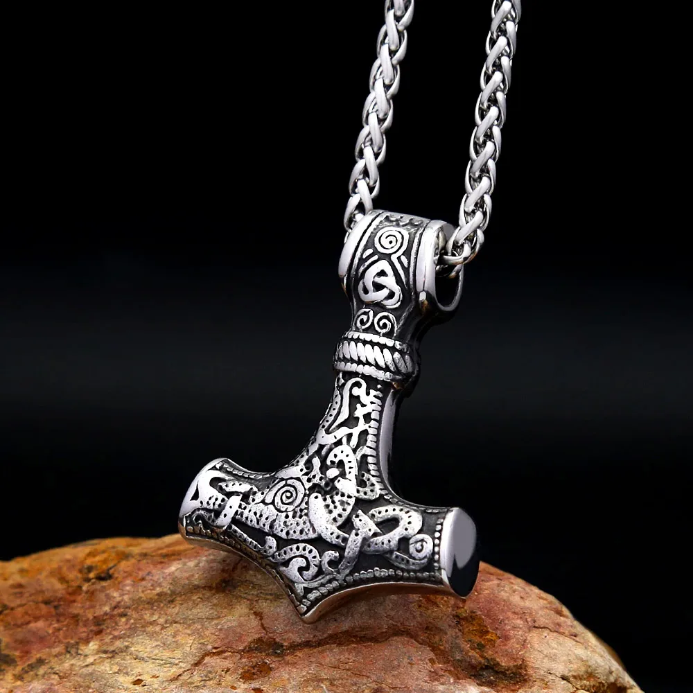 Retro Punk Hip Hop Mjolnir Thor Hammer Stainless Steel Pendant Necklace Nordic Celtic Pattern Chain Unisex Party Accessory