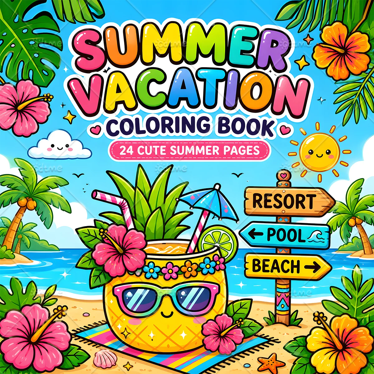 Summer Vacation Coloring Book for Adults Cute Summer Pages Tropical Beach Seaside Holiday Pattern Stress Relief Drawing Art Book