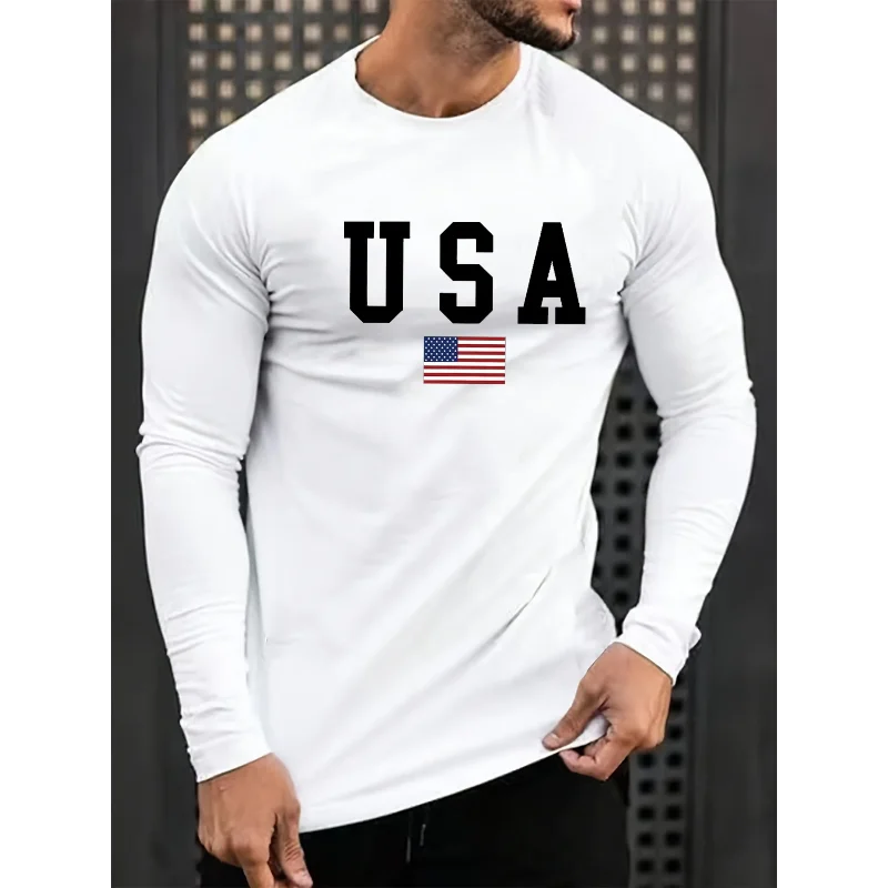 Camiseta Manga Larga Con Cuello Redondo Y Estampado Bandera Americana Informal Cómoda Algodón Para Primavera Otoño Para Hombre