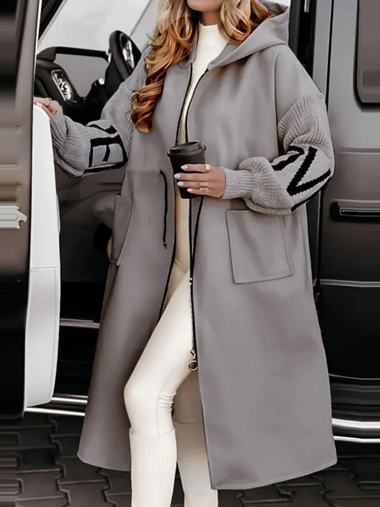 New Autumn Winter Hooded Patchwork Outerwear, Women Long Sleeve Zipper Maxi Jackets, 2024 Lace-Up Casual Ladies Coats Streetwear