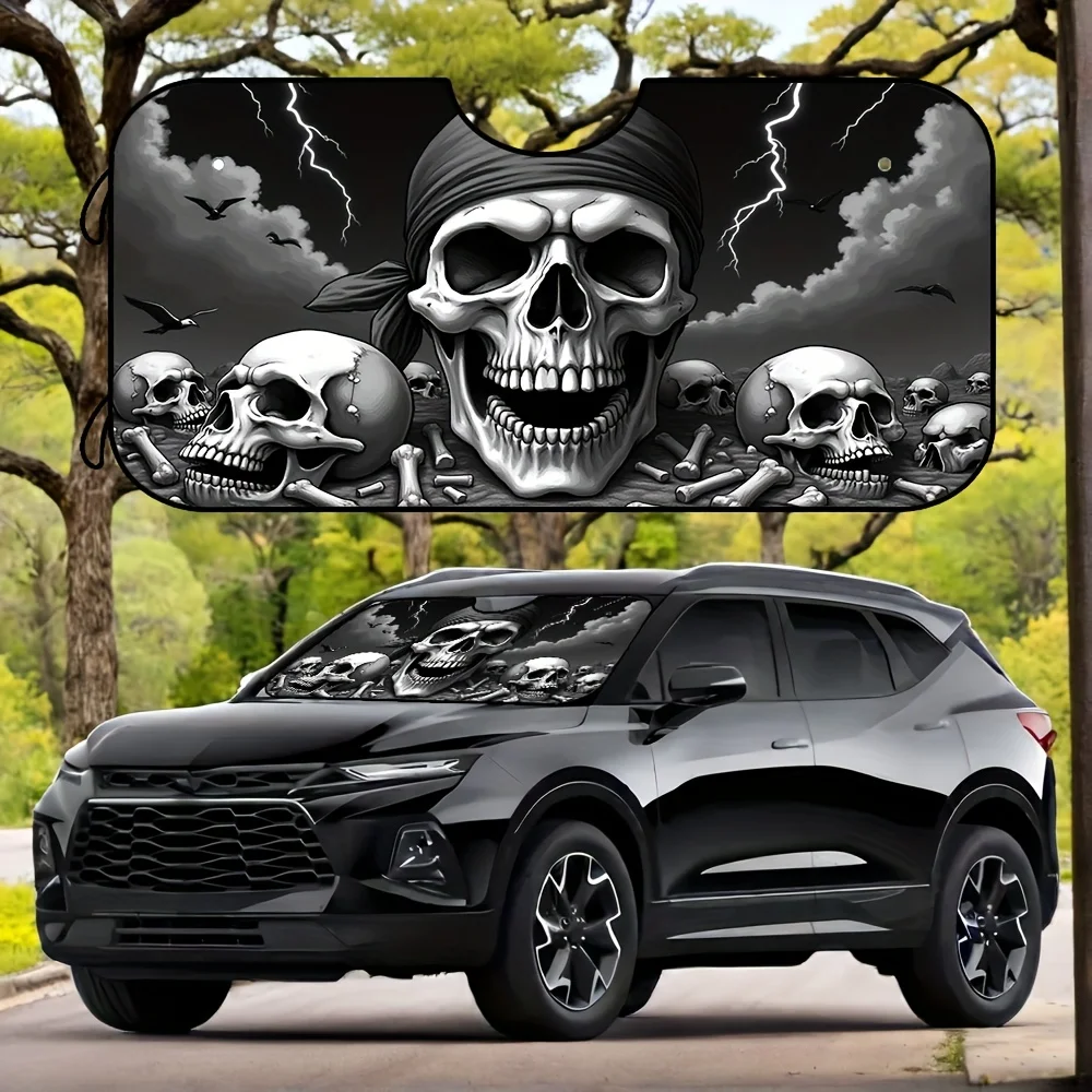 

1pc Pirate Skull Car Windshield Sunshade - UV Protection, Heat Blocking, Foldable Design with 4 Suction Cups