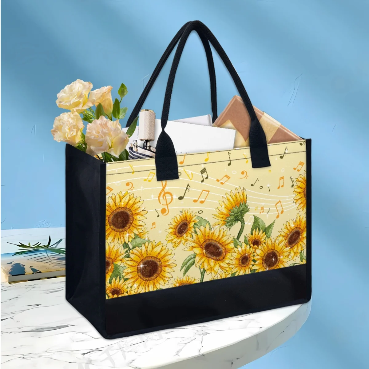 Luxury Designer Beach Bags Female Sunflower Music Note Style Casual Portable Canvas Bag Elegant Shoulder Handbags Sac Bolsas New