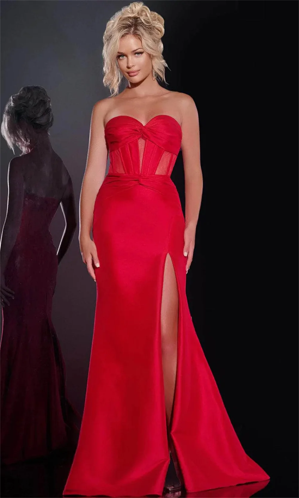 

Mina Customized Backless Arabic Evening Dress Luxury Party Dress Strapless Sleeveless Translucent High Slit Prom Dresses Elegant