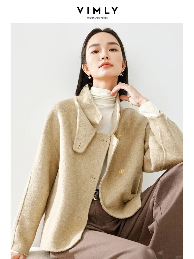 Vimly 2023 Winter Wool Coats for Women Stand Collar Single Breasted Overcoat Female Thick Warm Long Sleeve Cropped Jacket 50759