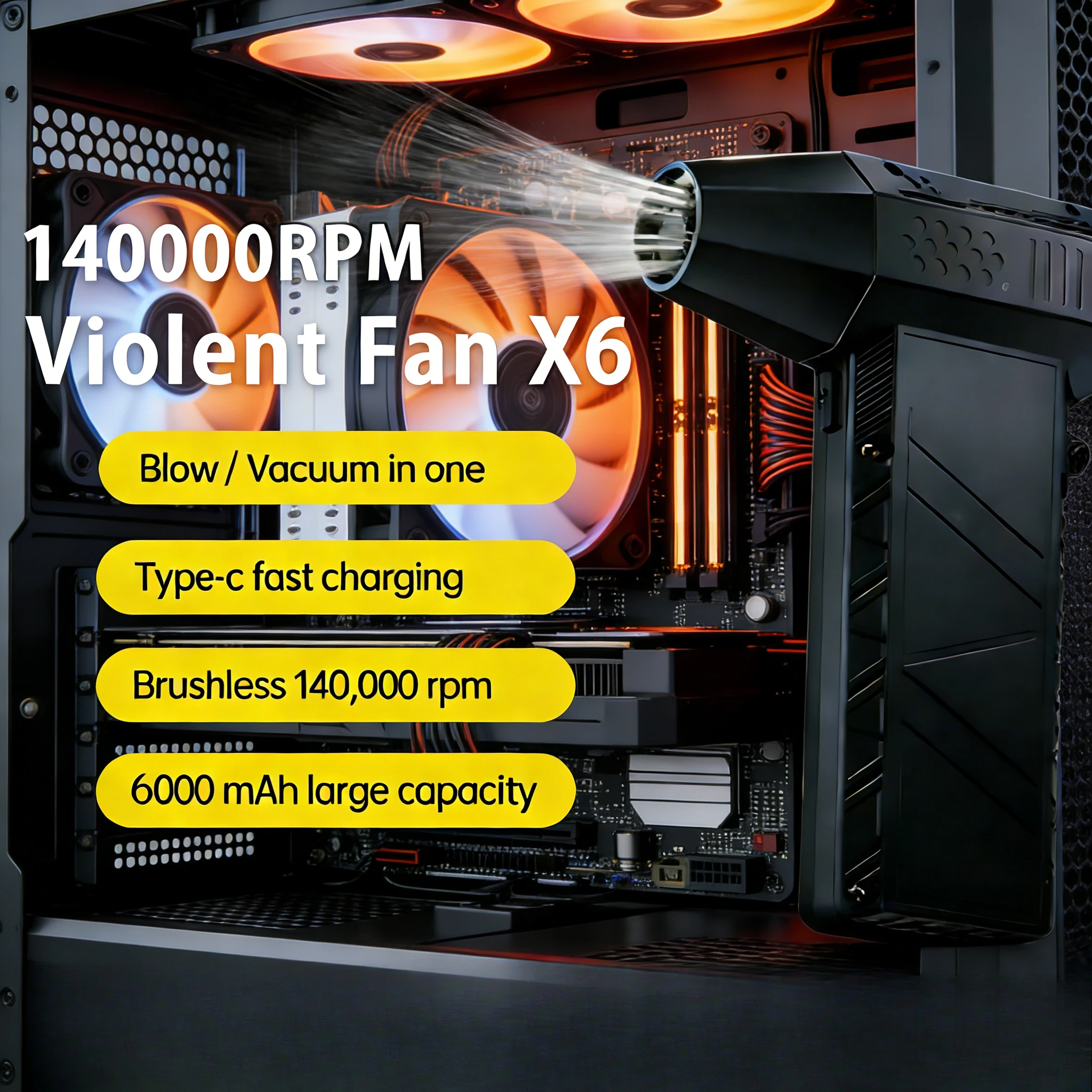 

X6 140K RPM Brushless Jet Fan | 53m/s | Type-C Portable Vacuum & Dust Blower