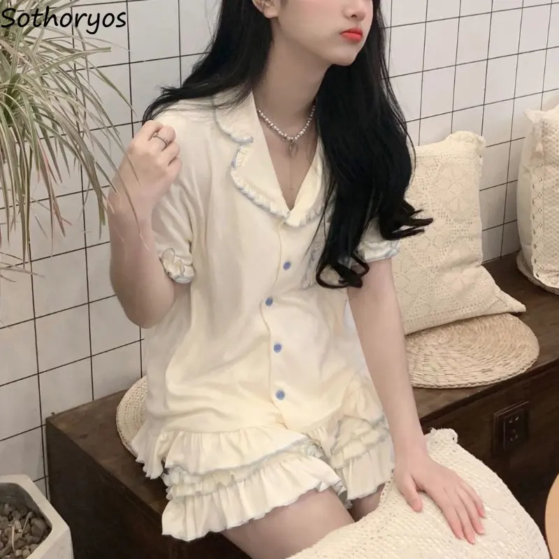 Pajama Sets Women Ruffles Creativity Home Sweet Basics Vintage All-match Korean Style Ladies Graceful Classics Delicate Cozy Ins