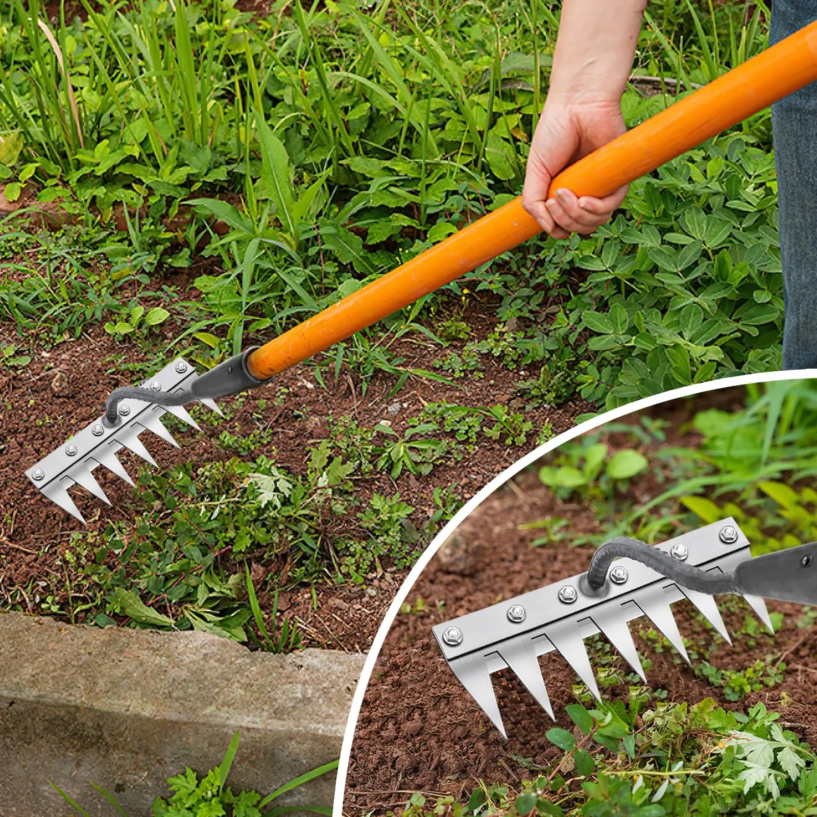 5/6/7/8Teeth Agricultural Rake Soil Loosening Weeding Tool Multifunction Metal Weeding Rake Garden Weeding Rake Gardening Tools