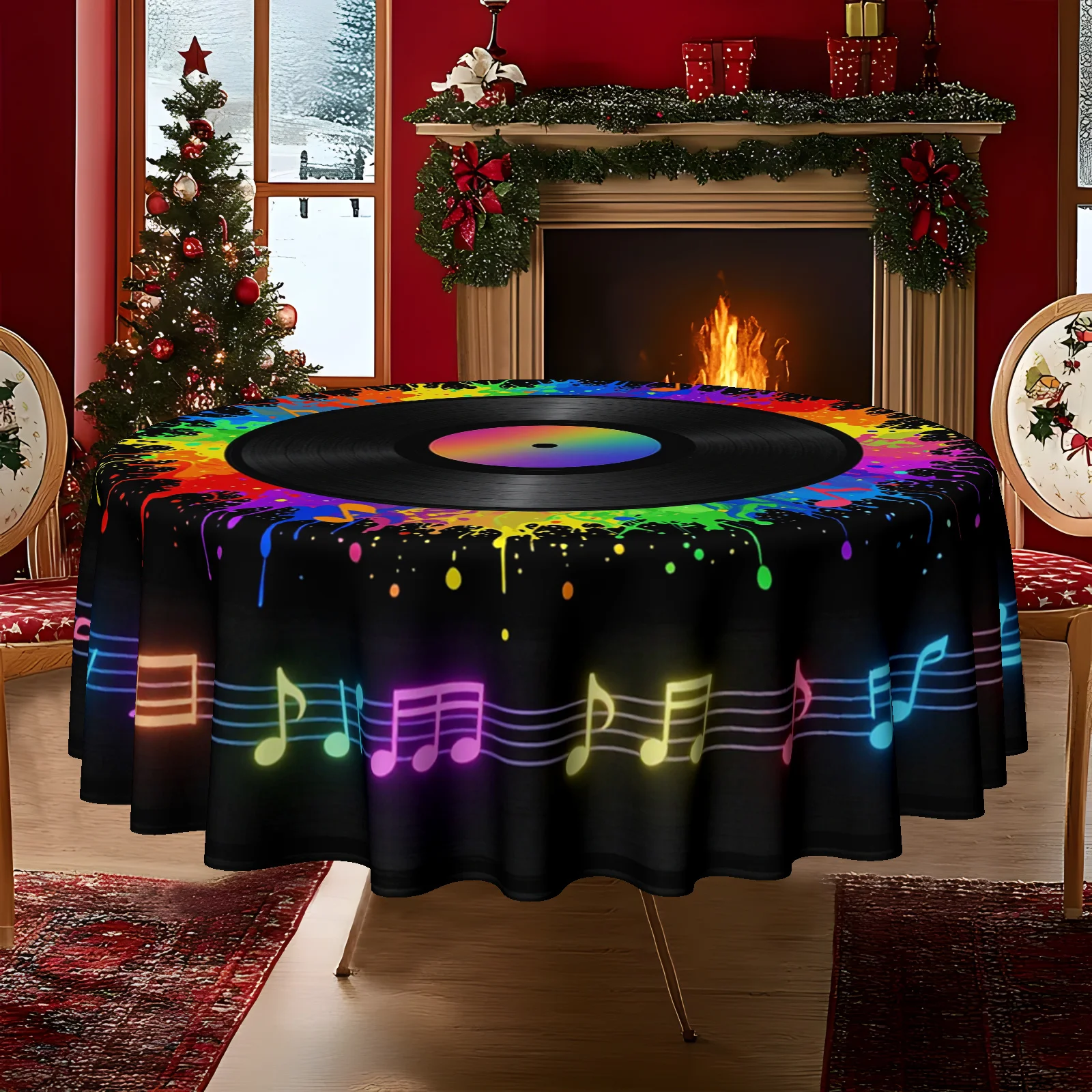 2D flat printing, one tablecloth, colorful vinyl records and musical symbol patterns. Perfect for a music-themed party.xzj