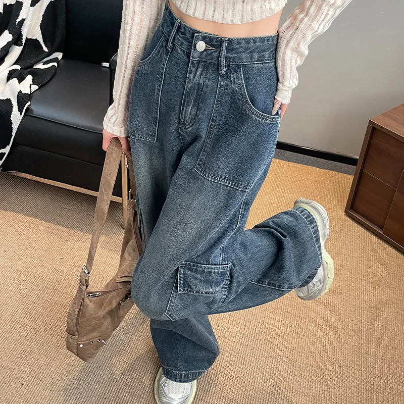Retro  Jeans For Women 2025 Autumn Trend Versatile New High Loose Casual Multi-Pocket Wide-Leg Pants