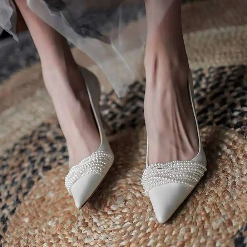 

New High Heels Women Thin Heels Satin Temperament Wedding Shoes