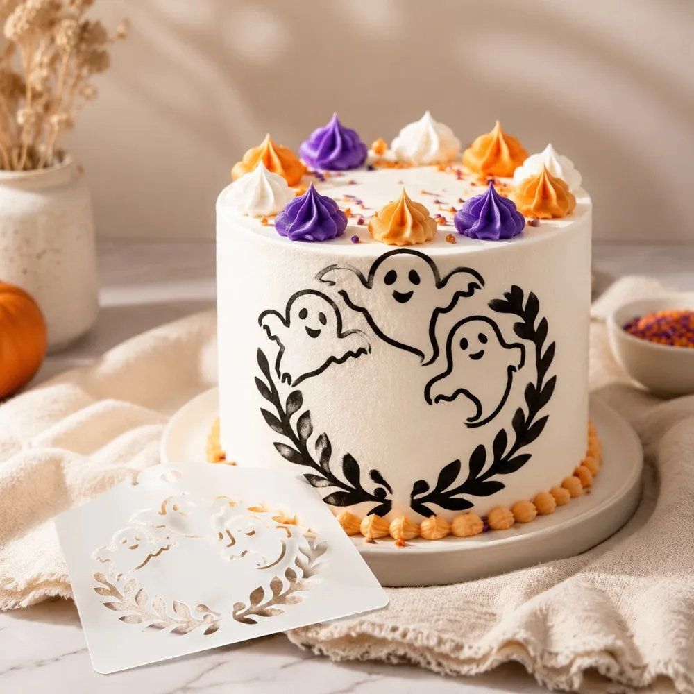 Cute Ghost Wreath Cake Decor Stencil Template, Reusable DIY Decor Tool For Holiday Fondant, Cookie and Party Dessert Decoration