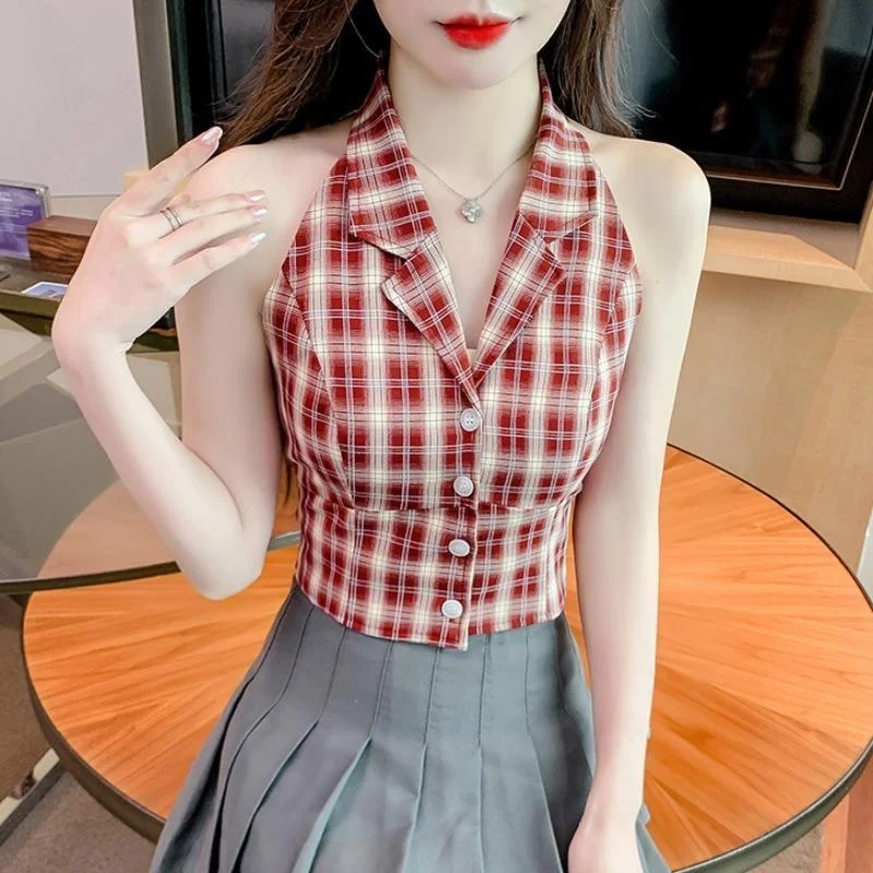 

Retro Plaid Sleeveless Vest Top Women's Summer Design Sensation High-End Feel Suit Collar Waist-Cinching Short Shirt