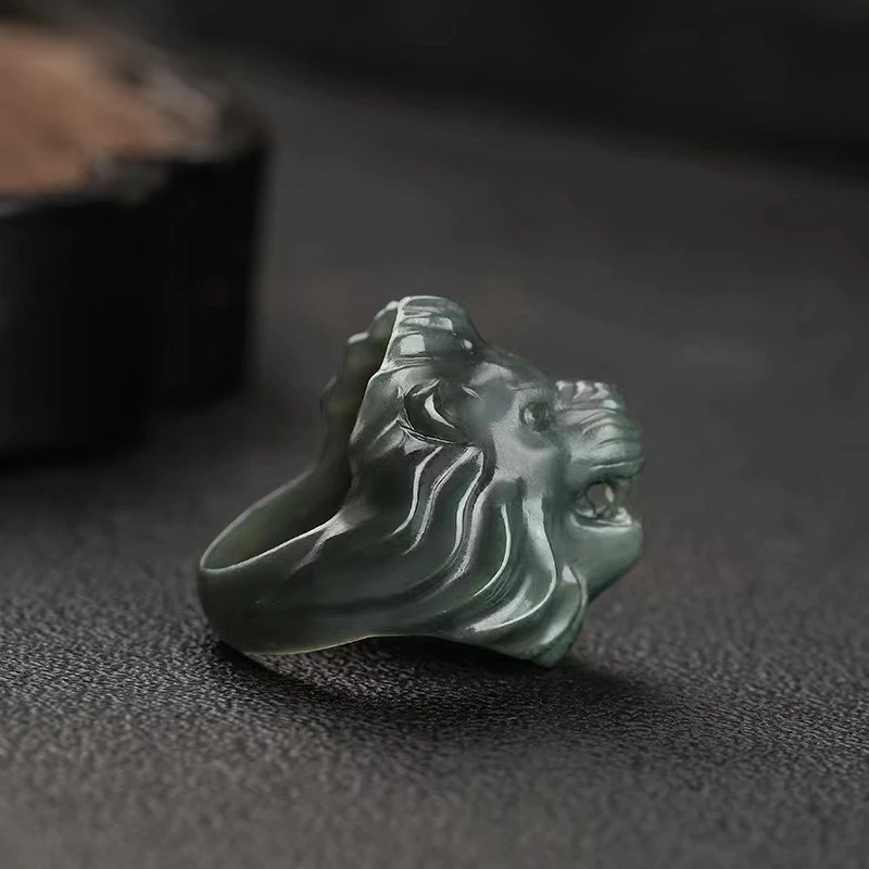 

Natural Xin Jiang He Tian Cyan Jade Hand-carved Domineering Lion Head Closed Ring Domineering Men Fine Jewelry Accessories Gift