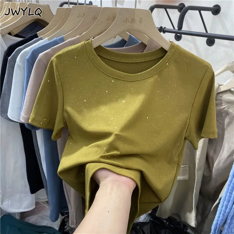 

Korean Fashion Knitted Oversized Sweater Women Summer New O-neck Solid Shine Sequined Slim Short-sleeved Elegant Female Pulls To