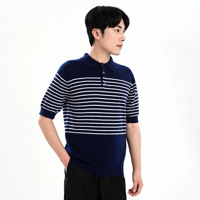 2024 classic 100% pure wool pullover men's Polo neck T-shirt loose stripe casual Joker knitted sweater