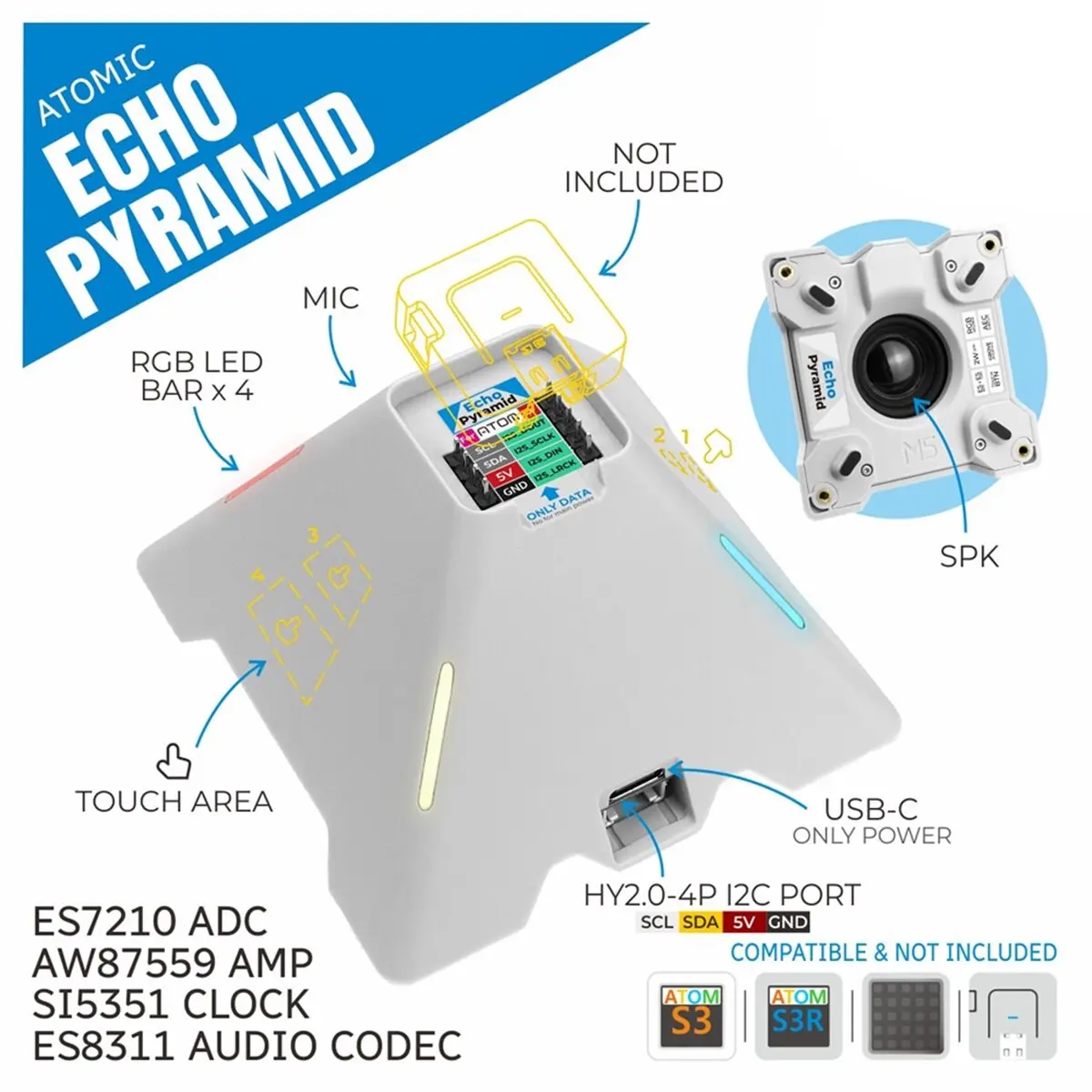 

618 Mega Sale For M5Stack Echo Pyramid Smart Speaker Base Without M5Atom for Atom/AtomS3/AtomS3R Series Main Control