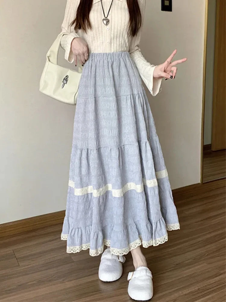

Sweet Casual Women Long Skirt Lace Patchwork High Waist Pleated Korean Cake Skirts Vintage A Line Loose Preppy Female Skirts New