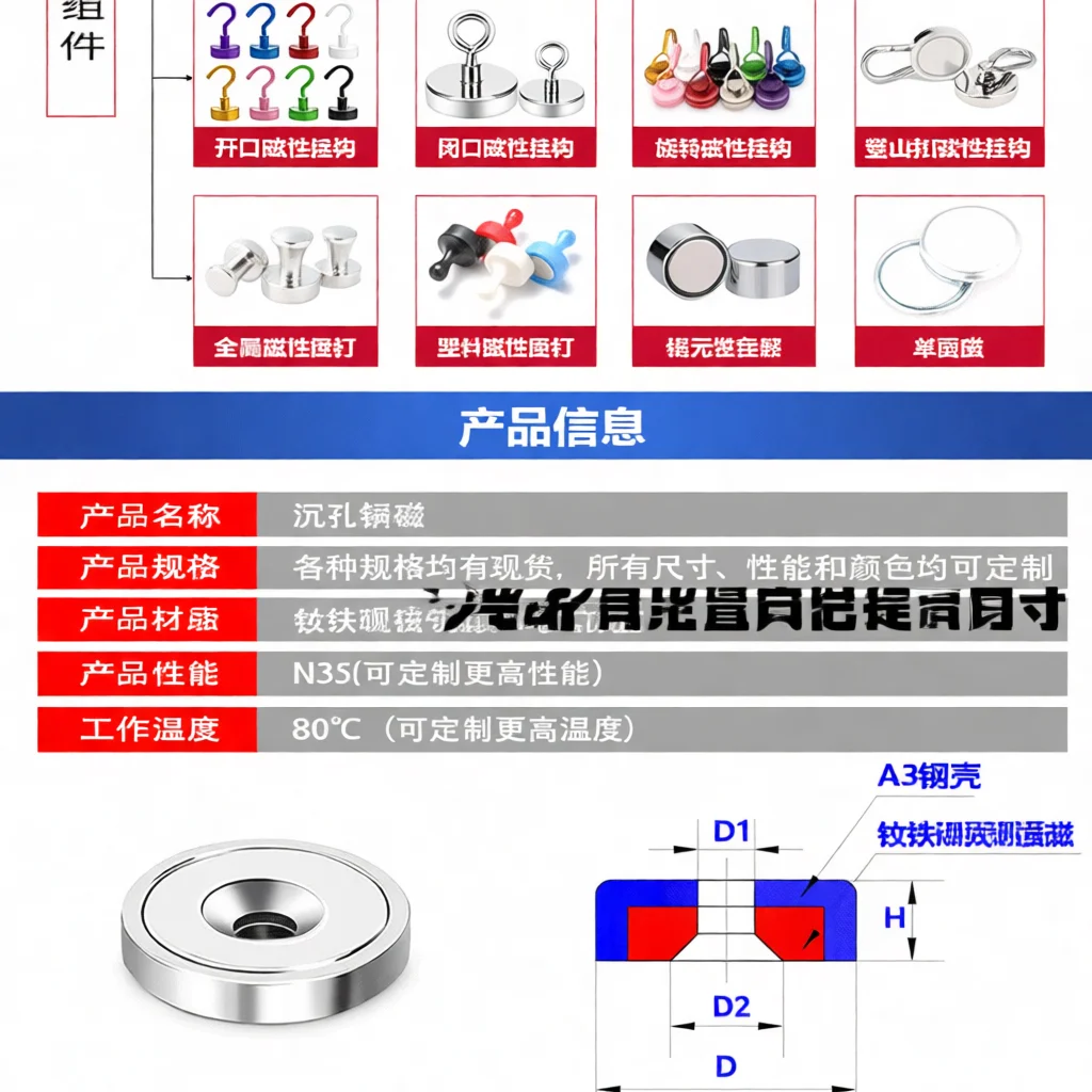 Furniture Hardware Fasteners - Strong Neodymium Pot Magnet Countersunk Hole
