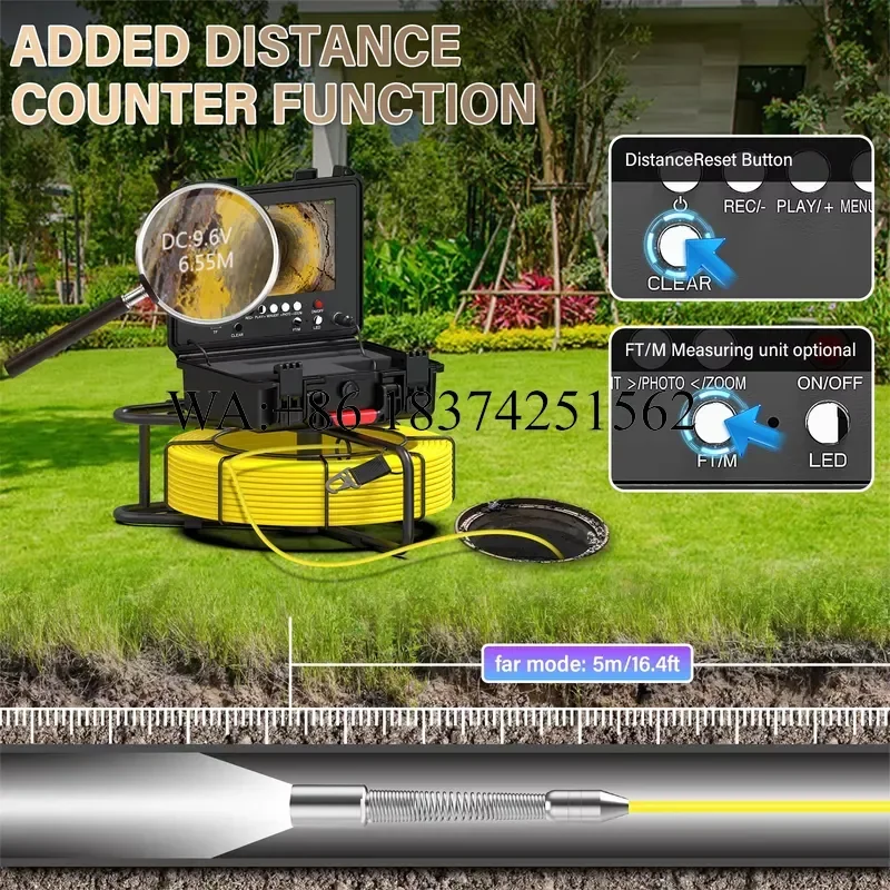 Wmwmnu for 7mm Sewer 9 Inch DVR 512Hz Self Leveling Industrial Pipe Inspection Endoscope with Meter Counter