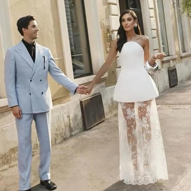 

Strapless White Wedding Dress with Lace Skirt Peplum Top A-line Cocktail Dress Trendy Floor Length Prom Dress for Party Dress